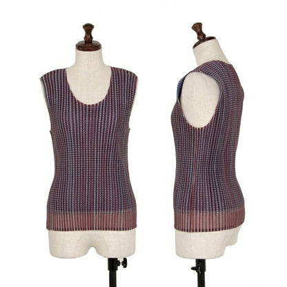 PLEATS PLEASE Stripe Mesh Pleated Tank Top Brown Size 3