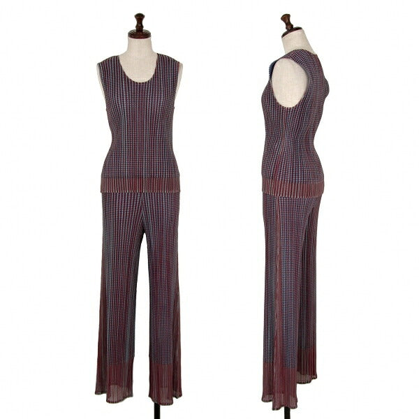 PLEATS PLEASE Stripe Mesh Pleated Tank Top Brown Size 3
