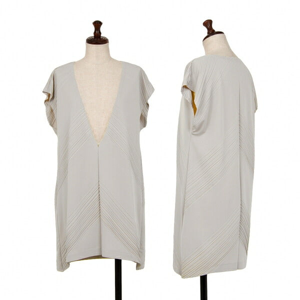 ISSEY MIYAKE Diagonal Pleat V-Neck Tunic Greige Blouse Size 2
