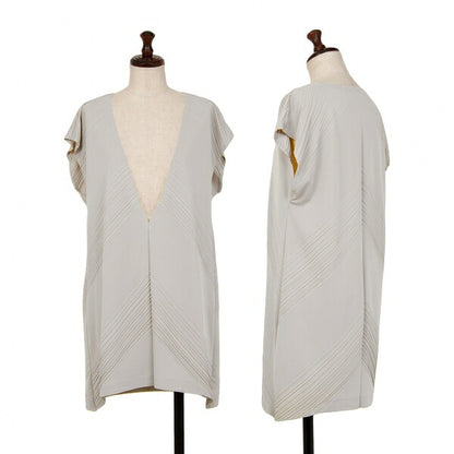 ISSEY MIYAKE Diagonal Pleat V-Neck Tunic Greige Blouse Size 2