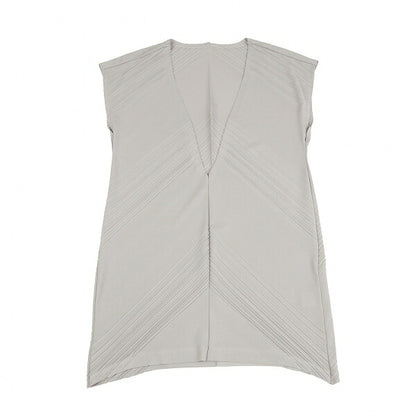 ISSEY MIYAKE Diagonal Pleat V-Neck Tunic Greige Blouse Size 2