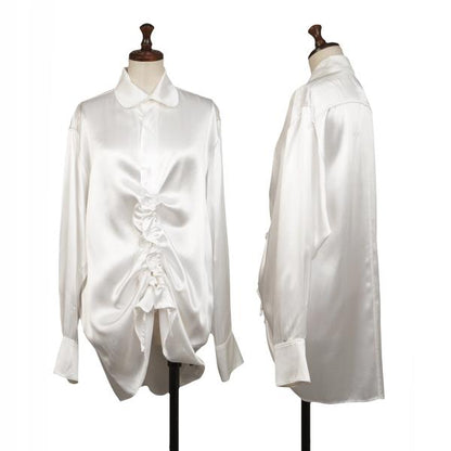 Y's Rayon Satin Round Collar Button-Up Shirt White Size 3