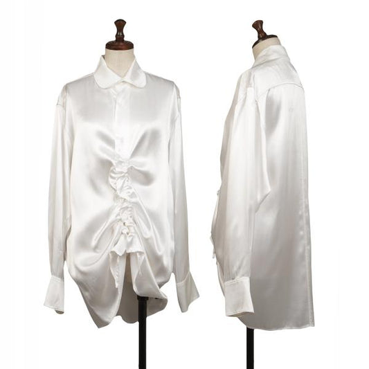 Y's Rayon Satin Round Collar Button-Up Shirt White Size 3