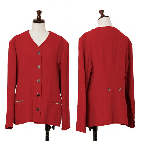 ISSEY MIYAKE Linen Floral Panel Collarless Jacket Red Size M