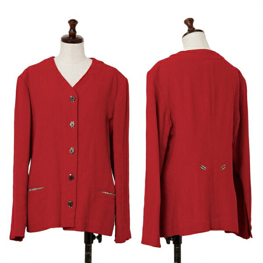 ISSEY MIYAKE Linen Floral Panel Collarless Jacket Red Size M