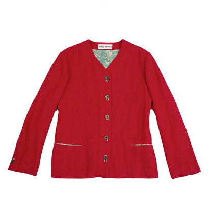ISSEY MIYAKE Linen Floral Panel Collarless Jacket Red Size M