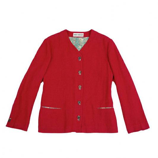ISSEY MIYAKE Linen Floral Panel Collarless Jacket Red Size M