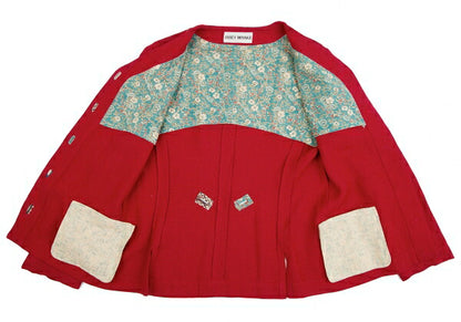 ISSEY MIYAKE Linen Floral Panel Collarless Jacket Red Size M
