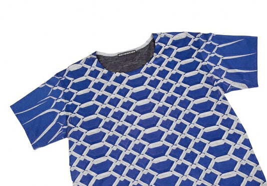 ISSEY MIYAKE MEN Pleated Grid Print T-Shirt Blue Gray Size 4