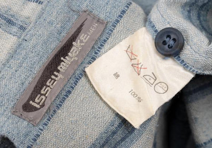 ISSEY MIYAKEMEN Stripe Stand Neck Long Light Blue Shirt Size M