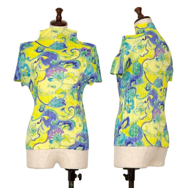 PLEATS PLEASE Floral Print Pleated T-Shirt Yellow Size 3