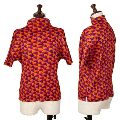 PLEATS PLEASE Geometric Print Pleated T-Shirt Orange Size 3