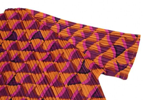 PLEATS PLEASE Geometric Print Pleated T-Shirt Orange Size 3