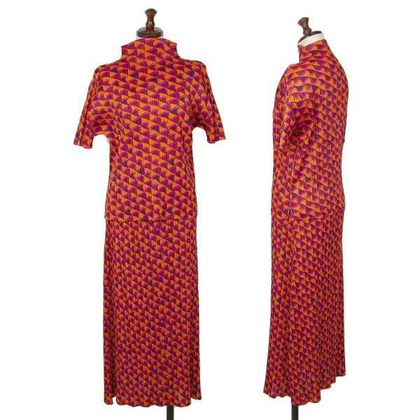 PLEATS PLEASE Geometric Print Pleated Skirt Orange Size 3