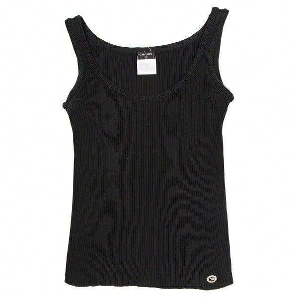 CHANEL Stretch Cotton Rib Tank Top Black Size 36