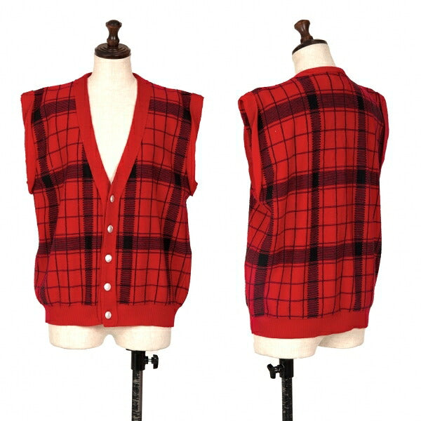 Y's Check Jacquard Knit Cardigan Vest Red/Black Size M