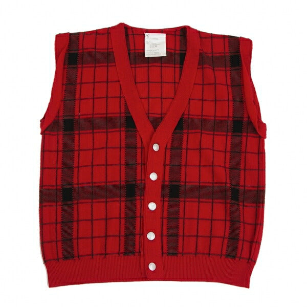 Y's Check Jacquard Knit Cardigan Vest Red/Black Size M