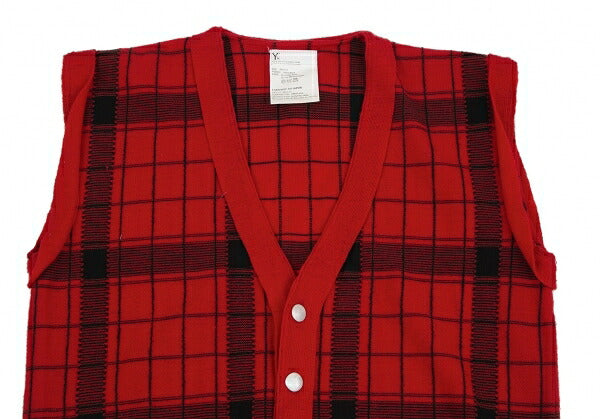 Y's Check Jacquard Knit Cardigan Vest Red/Black Size M