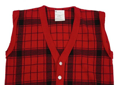 Y's Check Jacquard Knit Cardigan Vest Red/Black Size M