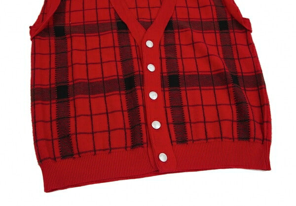 Y's Check Jacquard Knit Cardigan Vest Red/Black Size M