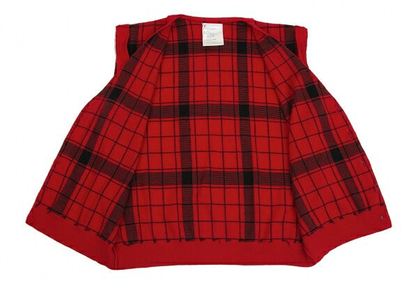 Y's Check Jacquard Knit Cardigan Vest Red/Black Size M