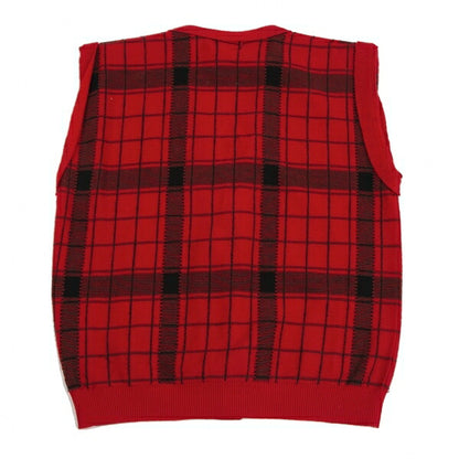 Y's Check Jacquard Knit Cardigan Vest Red/Black Size M