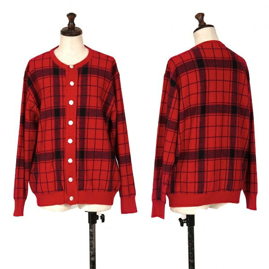 Y's Check Jacquard Knit Cardigan Red Black Size M