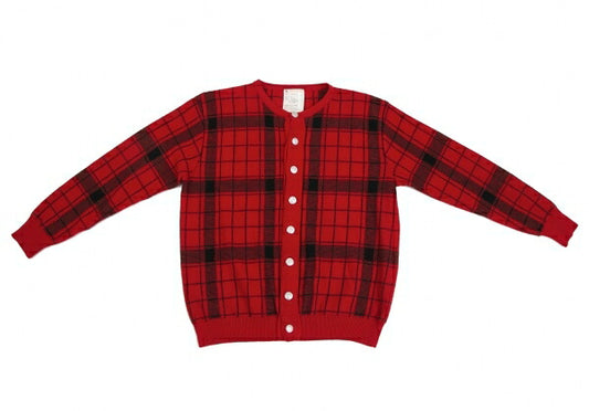 Y's Check Jacquard Knit Cardigan Red Black Size M