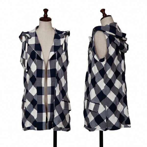 Y's Block Check Buttonless Sleeveless White Navy Jacket Size 1