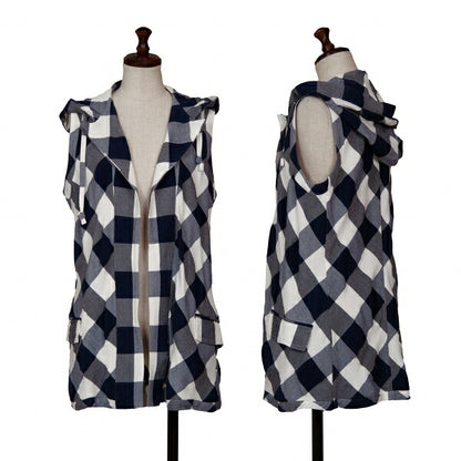 Y's Block Check Buttonless Sleeveless White Navy Jacket Size 1