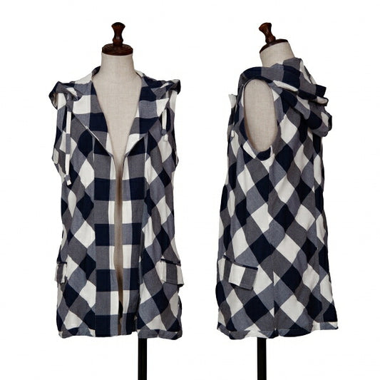 Y's Block Check Buttonless Sleeveless White Navy Jacket Size 1
