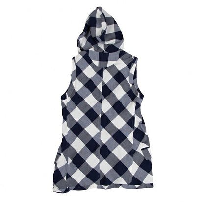 Y's Block Check Buttonless Sleeveless White Navy Jacket Size 1