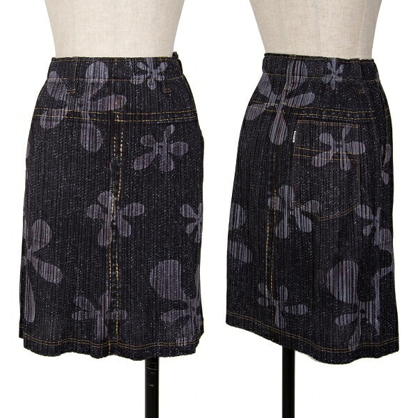 PLEATS PLEASE Denim Transfer Flower Skirt Blue Size 3