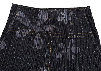 PLEATS PLEASE Denim Transfer Flower Skirt Blue Size 3