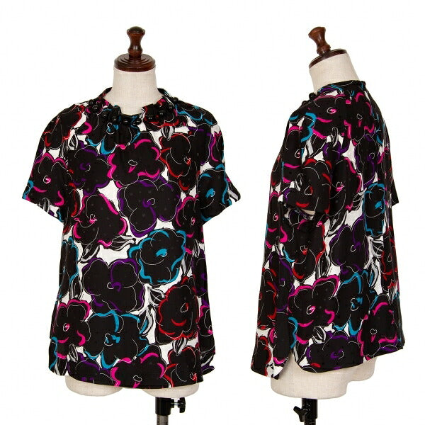 EMPORIO ARMANI Silk Floral Print Short Blouse Black Size 40