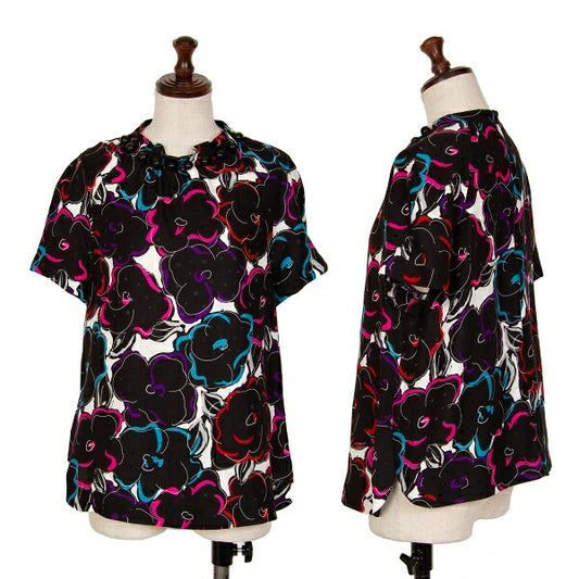 EMPORIO ARMANI Silk Floral Print Short Blouse Black Size 40