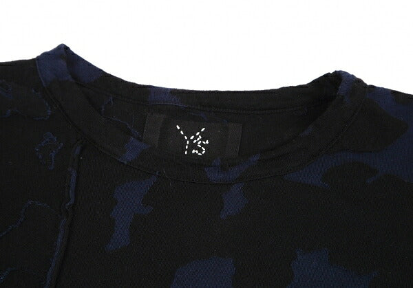 Y's Cotton Jacquard Seam T-Shirt Black Navy Size 4