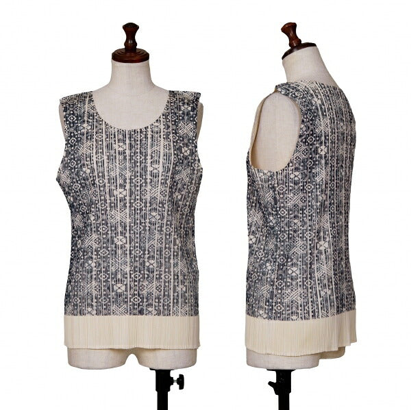 PLEATS PLEASE Geometric Print Tank Top Beige Navy Size 3