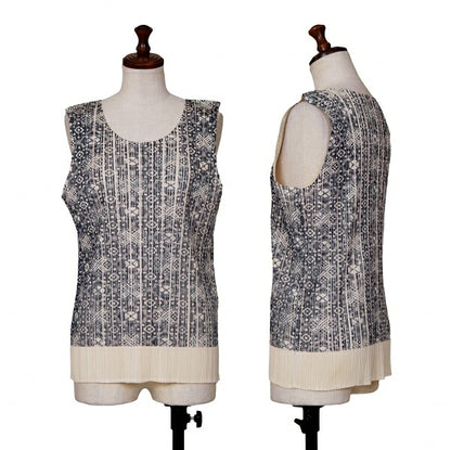 PLEATS PLEASE Geometric Print Tank Top Beige Navy Size 3