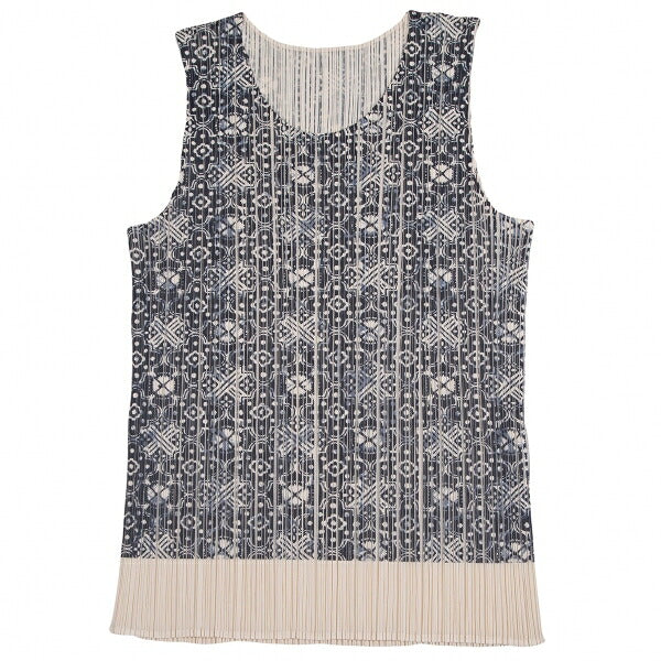 PLEATS PLEASE Geometric Print Tank Top Beige Navy Size 3