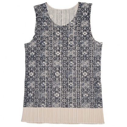 PLEATS PLEASE Geometric Print Tank Top Beige Navy Size 3