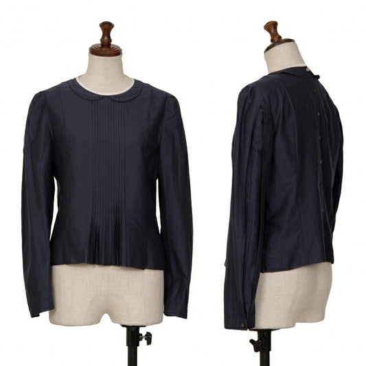 mina perhonen Cotton Silk Pleated Round Blouse Navy Size 38