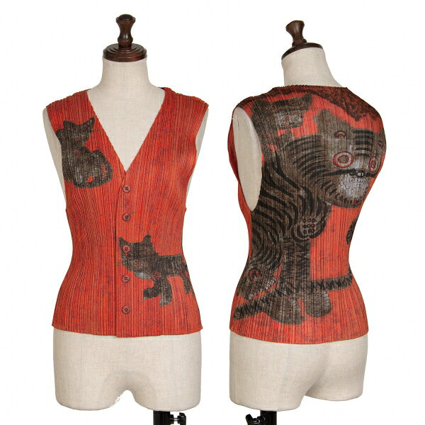 PLEATS PLEASE 98AW Folk Art Tiger Cat Vest Orange Size 3