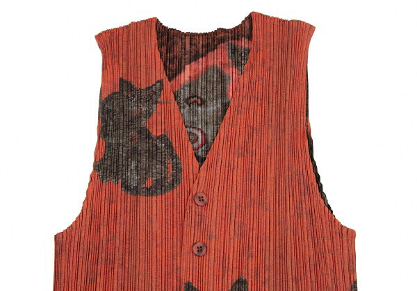 PLEATS PLEASE 98AW Folk Art Tiger Cat Vest Orange Size 3