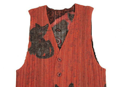 PLEATS PLEASE 98AW Folk Art Tiger Cat Vest Orange Size 3