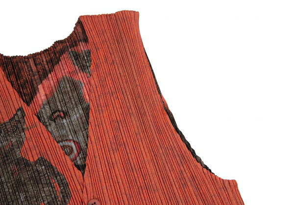 PLEATS PLEASE 98AW Folk Art Tiger Cat Vest Orange Size 3
