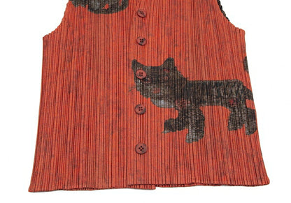 PLEATS PLEASE 98AW Folk Art Tiger Cat Vest Orange Size 3