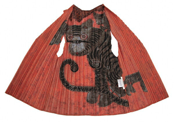 PLEATS PLEASE 98AW Folk Art Tiger Cat Vest Orange Size 3