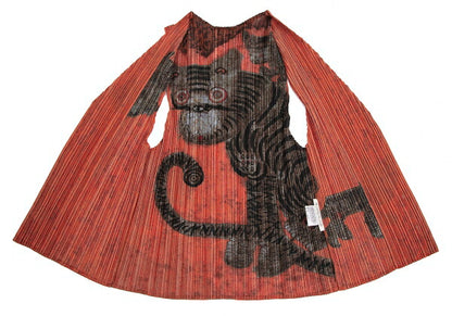 PLEATS PLEASE 98AW Folk Art Tiger Cat Vest Orange Size 3
