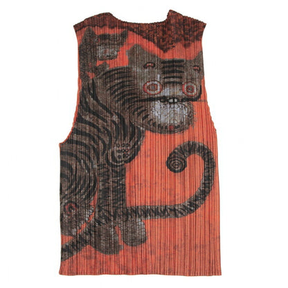 PLEATS PLEASE 98AW Folk Art Tiger Cat Vest Orange Size 3